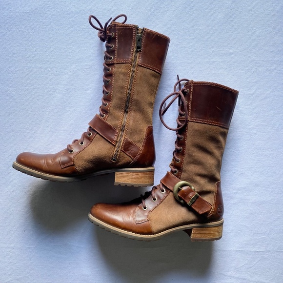 Timberland Bethel Boots Tall Mid Calf Lace Up Buckle Brown Leather Suede Sz 8.5 - Picture 2 of 15